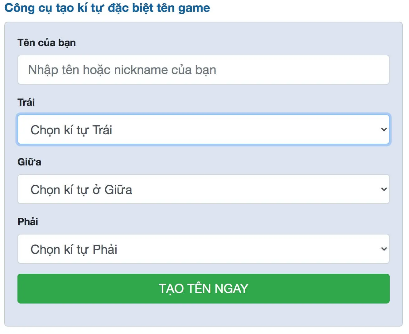 Giao diện tạo tên game tại Tướng Quân Giao diện tạo tên game tại Tướng Quân